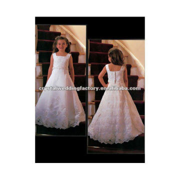 For sale appliqued beaded square neckline with floor length A-line custom made lace flower girl dresses CWFaf3919